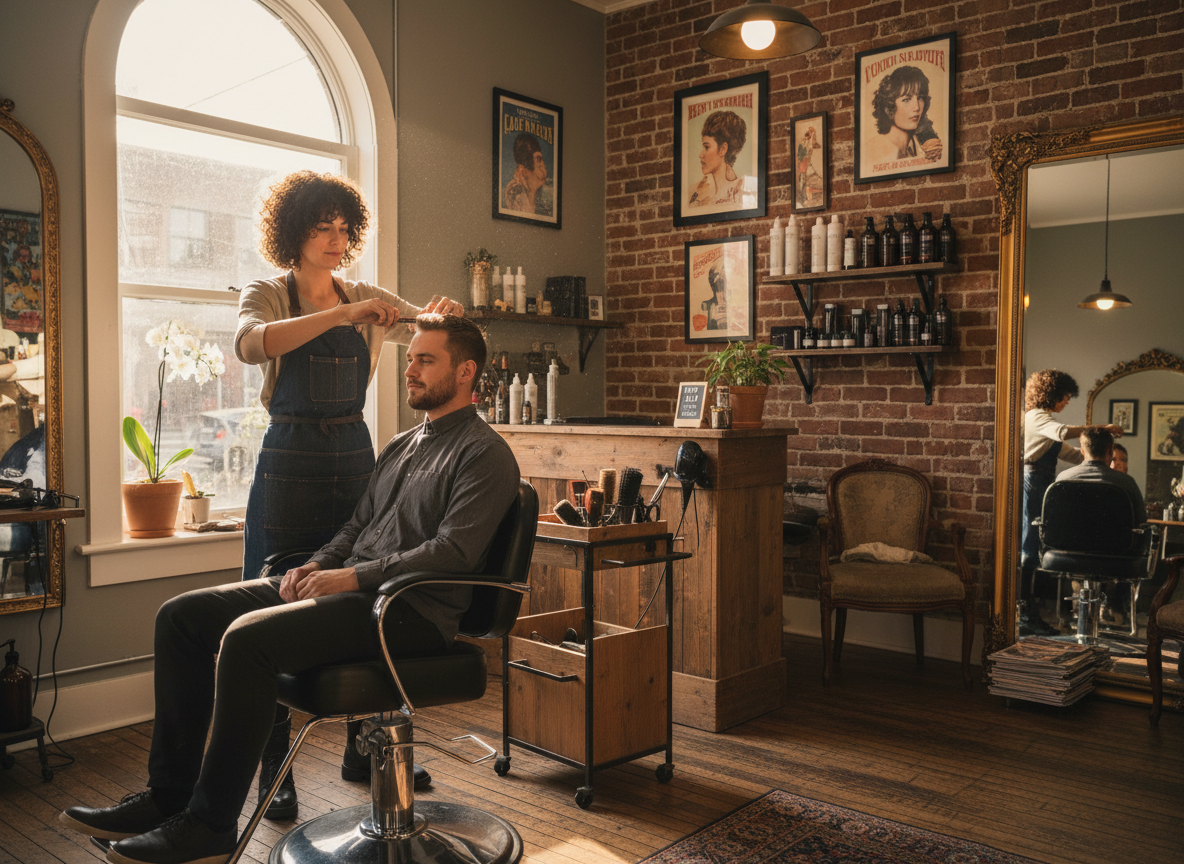 Authentic photograph of a hair stylist working with a client in a cozy local salon.