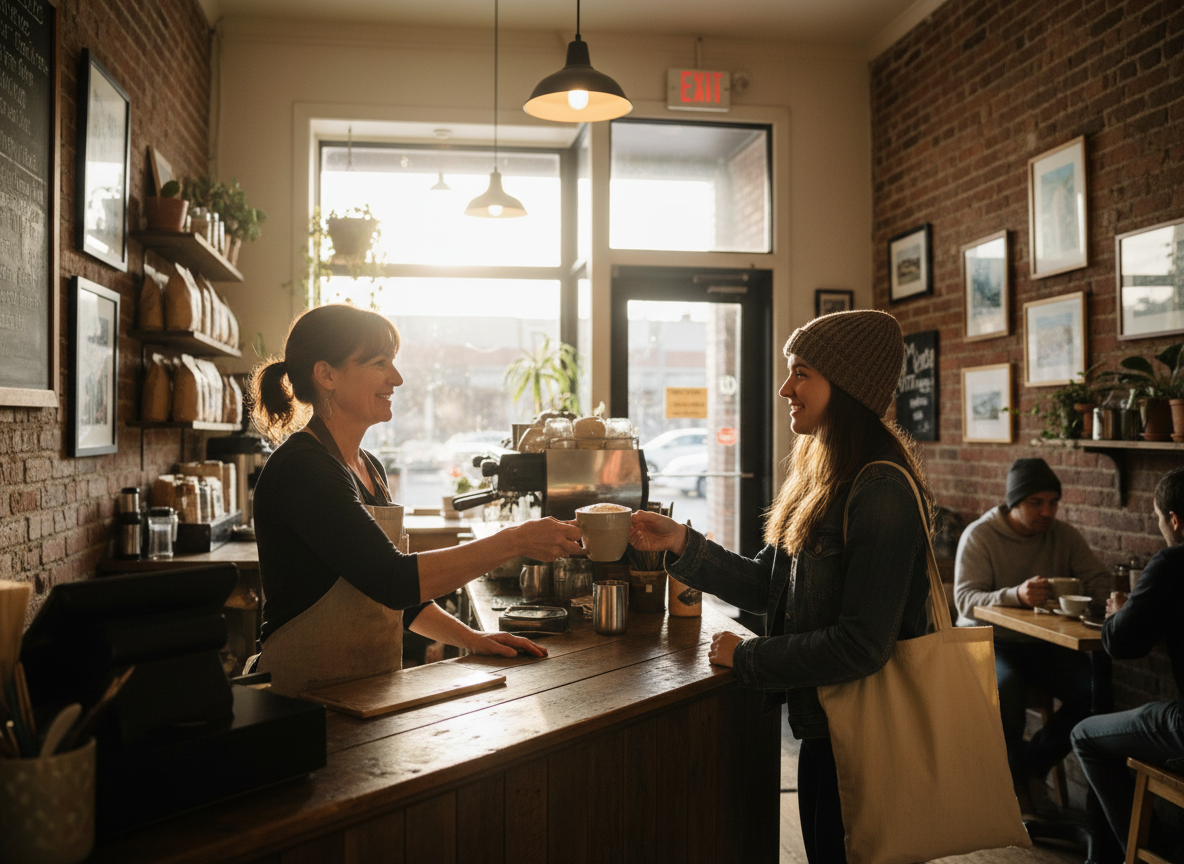 Authentic photograph of a local coffee shop owner behind the counter handing a customer a drink.